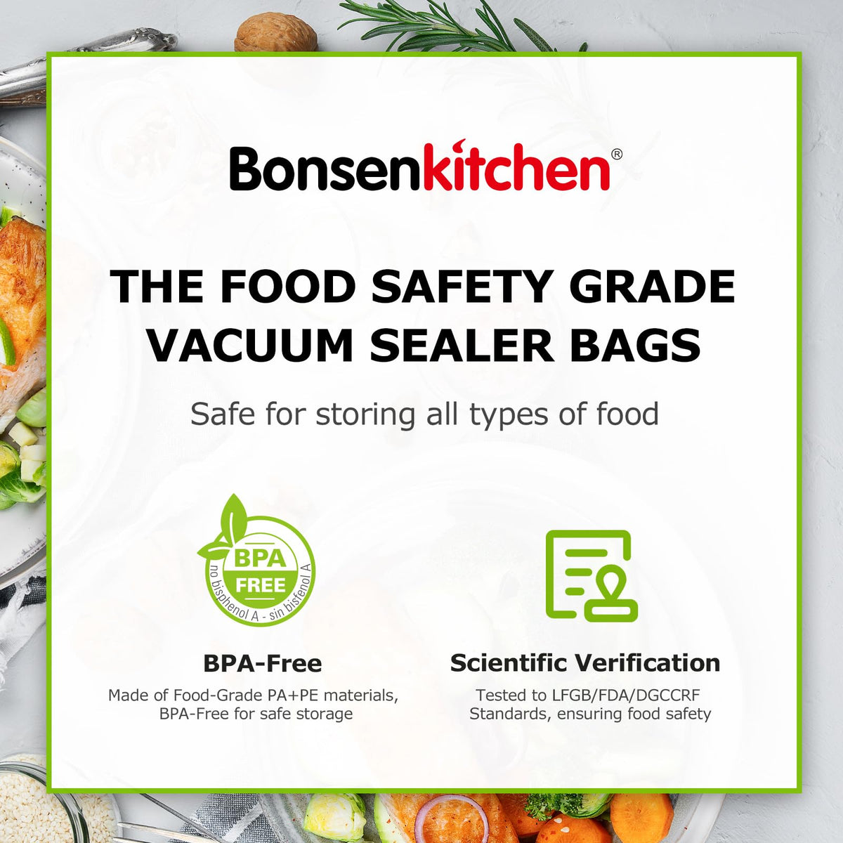 Bonsenkitchen Precut Vacuum Sealer Bags 200 Quart 8" x 12", BPA Free