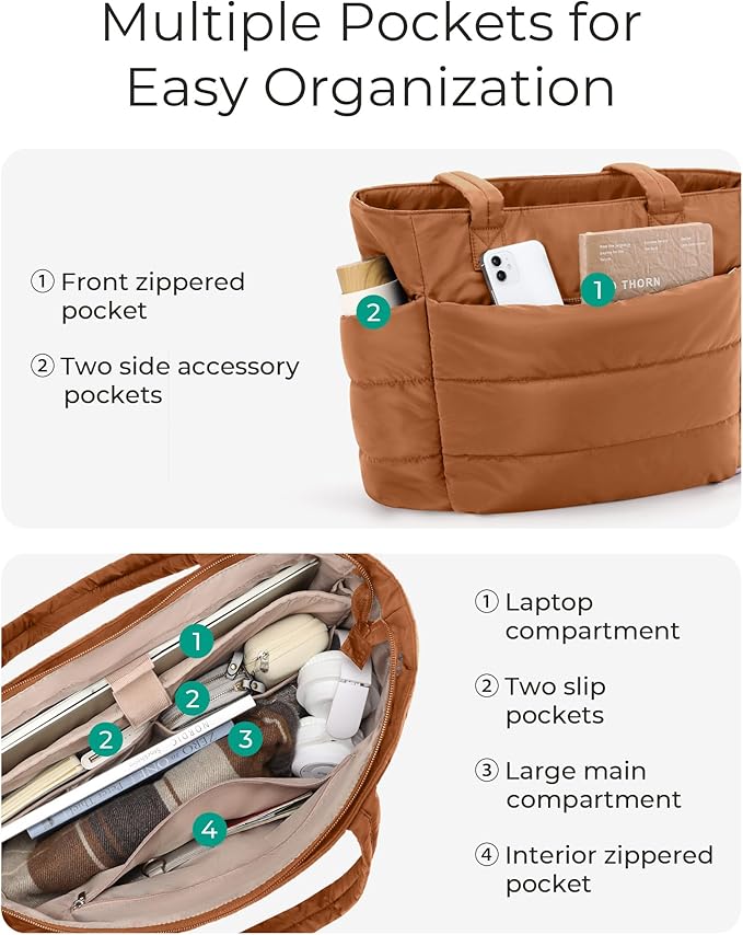 BAGSMART Tote Bag for Women, Lightweight Puffy Tote Bag with Compartments Shoulder Bag Handbag for Travel, Work, Gym | Lightweight, Puffy, Quilted, for Travel, Work