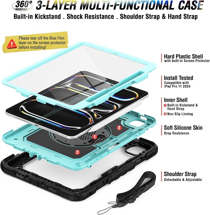 iPad Pro 11 Inch Case 2024 with Screen Protector Pen Holder | iPad Pro 11 5th Generation Case | Three Layer Shockproof Defender Protective Cover W/Stand Hand Strap for iPad A2836/A2837 | Black