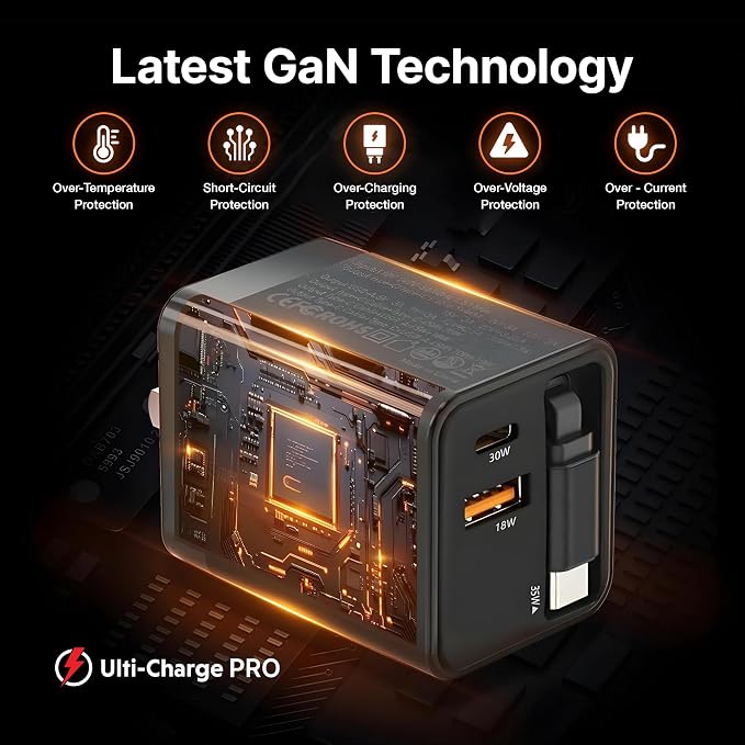 Ulti Charge Pro 65W USB C Charger with 25 Inch Retractable USB C Cable | Dual C/A Ports Foldable Plug Travel Adapter for iPhone Galaxy Pixel iPad Laptop Retractable USBC Phone Charger Fast