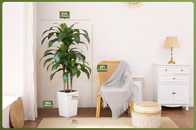 Artificial Dracaena Tree 5FT - Fake Tree with White Taper Planter & Pebbles - UV Resistant Faux Yucca Tropical Plant - Artificial Trees for Home Office Living Room Decor Indoor Outdoor