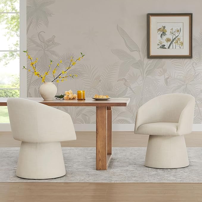 Swivel Dining Chairs Set of 4, Upholstered Mid Century Modern Deskchair with Barrel Back, Linen Fabric Kitchen Chairs for Dining Room, Bedroom, Dressing Room, Linen