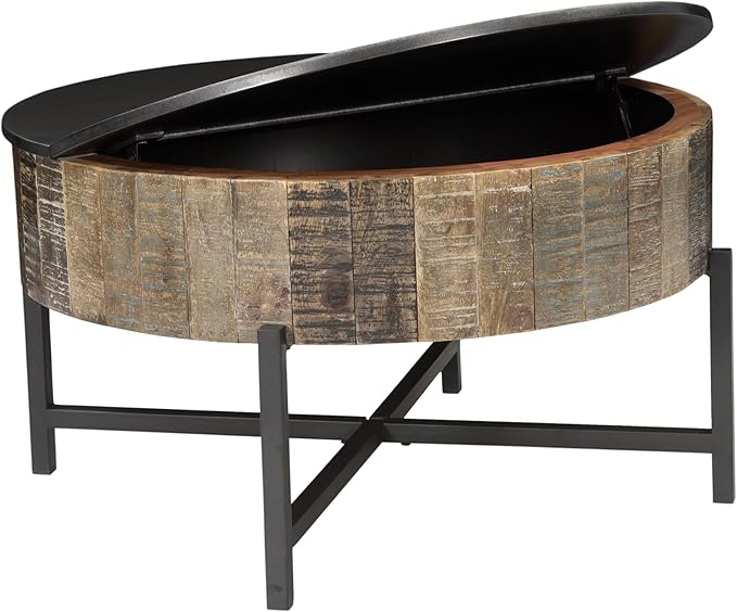 Modern Contemporary Round Lift Top 34.4" Coffee Table with Storage and Hidden Compartment, Farmhouse Coffee Table with Metal Legs for Living Room, Reception Room Rustic Vintage