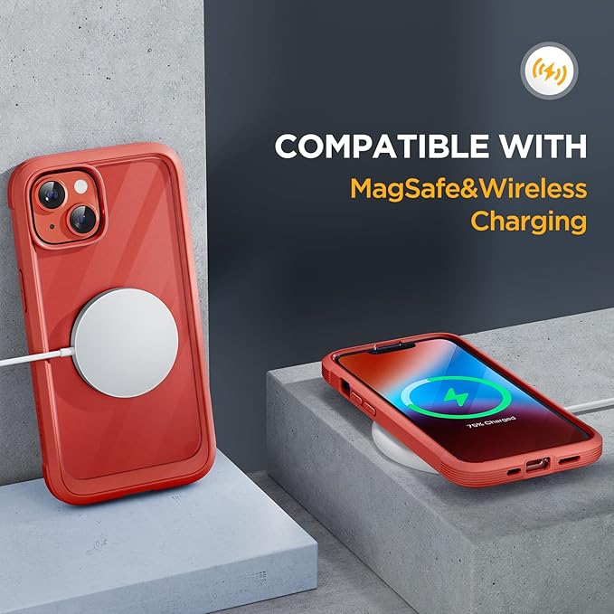 Miracase Glass Series Designed for iPhone 14 Plus Case 6.7 inch, 2023 Upgrade Full-Body Clear Bumper Case with Built-in 9H Tempered Glass Screen Protector and Camera Lens Protector,Red