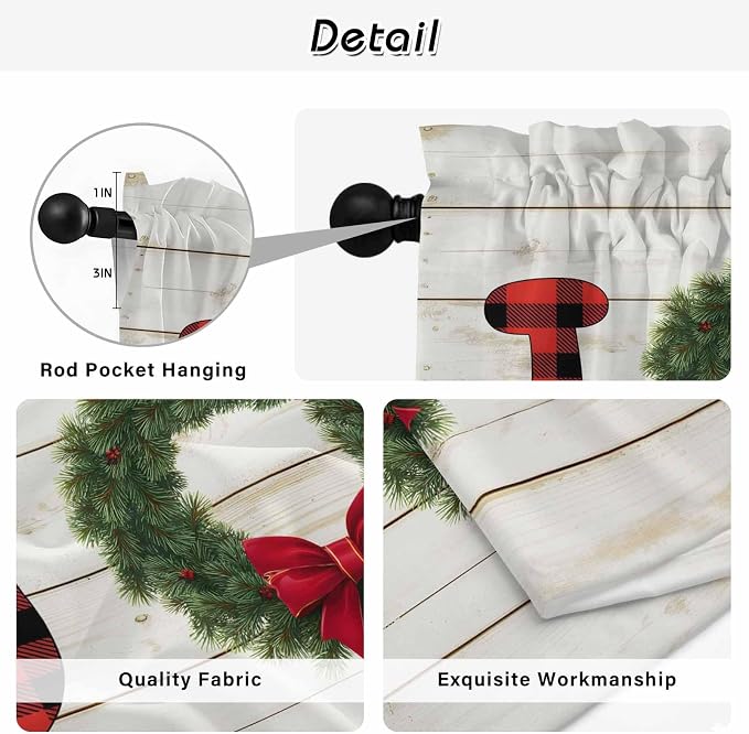 Christmas Wreaths Kitchen Tier Curtains 24 Inch Long 2 Panel Set, Rod Pocket
