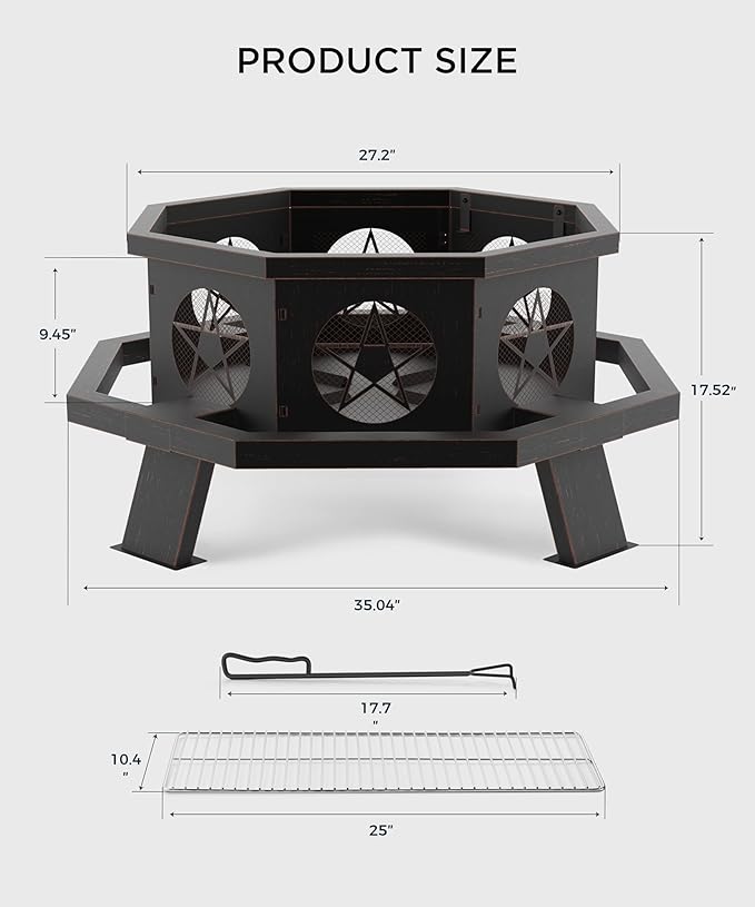 35 inch Fire Pit, Large Firepits for Outside Wood Burning Fire Pits with Cooking Grill, Outdoor Fire Pit Octagonal Heavy Duty Firepit with Poker for Bonfire, Backyard, Patio, Bronze