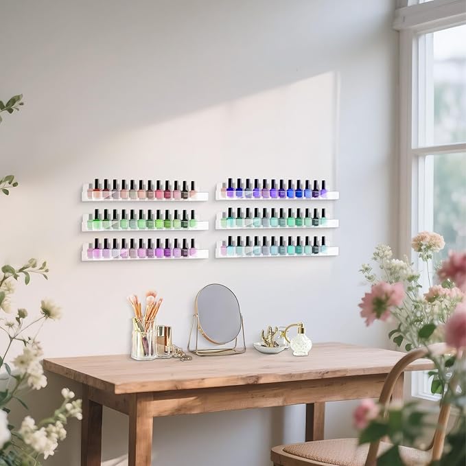 6 Pack Wall Mounted Acrylic Nail Polish Organizer Rack 15 Inch Clear Nail Polish Shelf with Removable Ends Multi-Purpose Shelf for Essential Oils Cosmetics Storage Display for Salon Bathroom