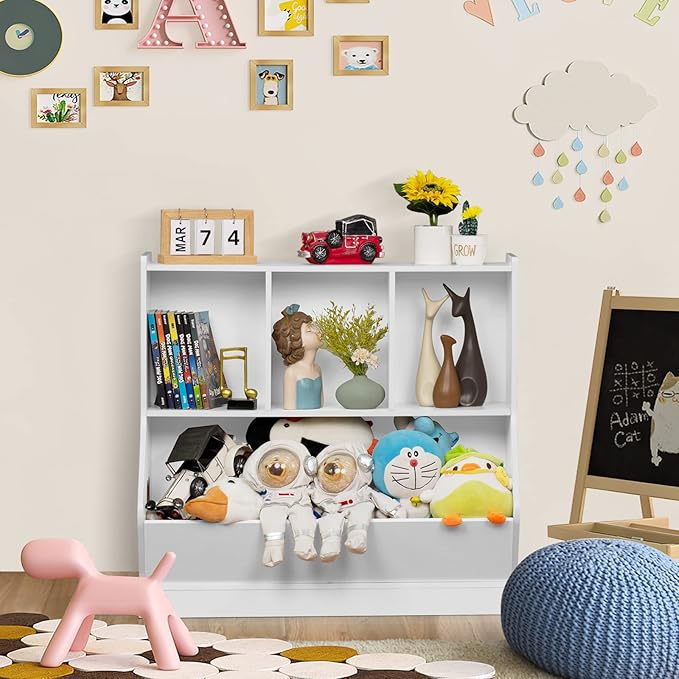 Lerliuo Kids White Toy Storage Organizer, Children Small Bookcase and Bookshelf, Toddler 4 Cubby Toy Storage Cabinet, Toy Shelf for Playroom, Bedroom, Living Room, Nursery, School 29.53'' H