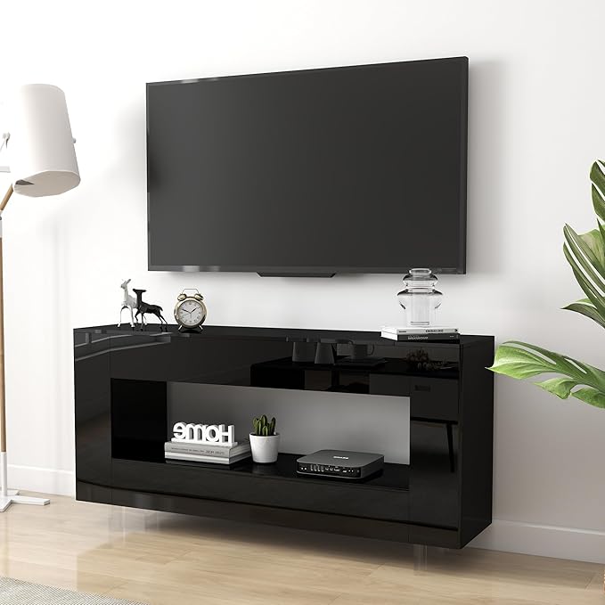 Vavkorkula High Gloss TV Stand for 65 Inch with 2 Large Drawers & Hidden Storage Cabinets, Modern Entertainment Center Television Stands for Living Room Bedroom, Black