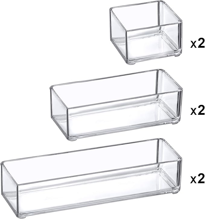 Amazing Abby - QuickSort - Plastic Stackable Organizers (6-Piece Set) for Vanity and Desk Drawer, Perfect Storage Solution for Beauty Products, Office Supplies, Decorative Items, and More