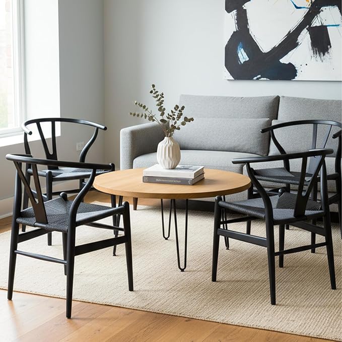 Wishbone Chair, Solid Wood Armrest Woven Seat Chair, Kitchen & Dining Chair, Wishbone Y Black Chairs - Set of 1 (Ash Wood - Black)