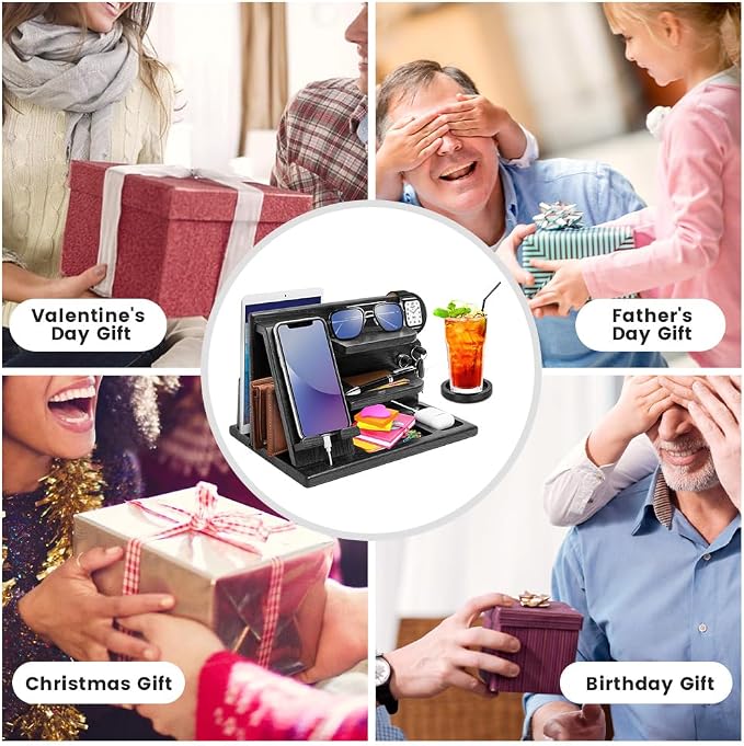 Wood Phone Docking Station - Gifts for Men Desk or Nightstand Organizer - Birthday Gifts for Husband Fathers Day for Dad - Anniversary Idea from Wife - Key Holder Stand Wallet Watch & Essential