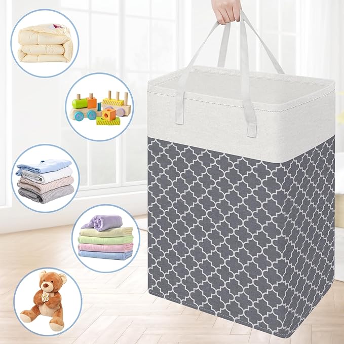 BlissTotes 3-Pack Laundry Basket, Freestanding&Waterproof Laundry Hamper, Collapsible Tall Clothes Hamper with Easy Carry Handles for Clothes, Towels in the Family and Dorm,Clover Grey,88L