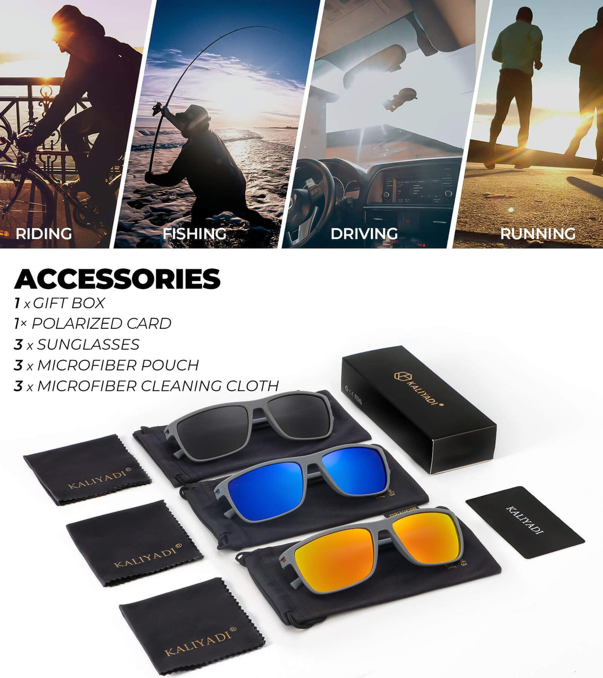 KALIYADI Polarized Sunglasses Men, Lightweight Mens Sunglasses Polarized UV Protection Driving Fishing Golf (Frame Grey|Lens Black/Dark Blue/Red)