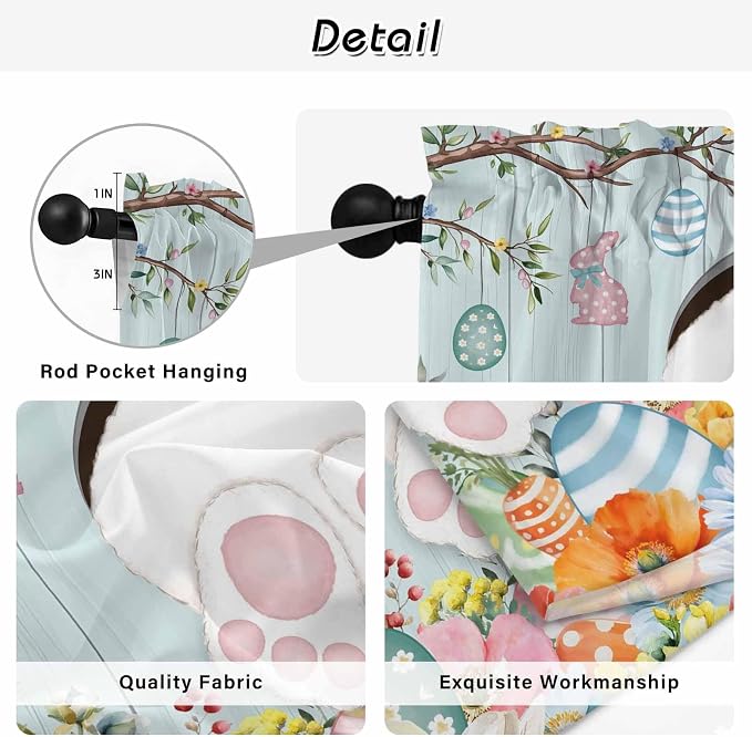 Easter Bunny Kitchen Curtains 45 Inch Long 2 Panel Set, Rod Pocket Window