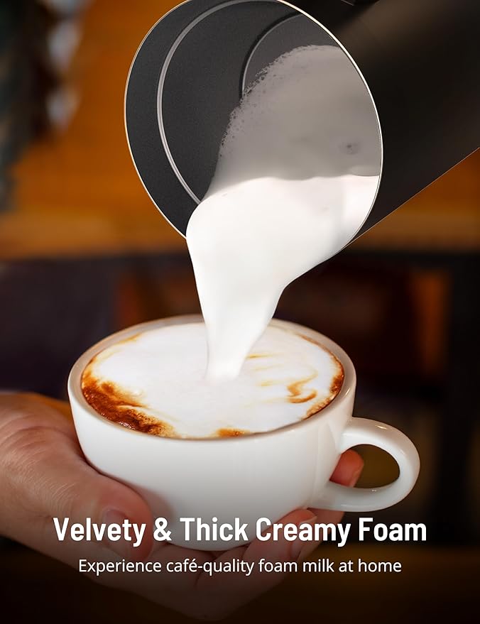 Milk Frother, Airyoyo 4-in-1 Milk Frother with Stand, Electric Milk Frother and Steamer Hot& Cold Foam Temperature Control, Auto Shut-Off Frother for Coffee Latte