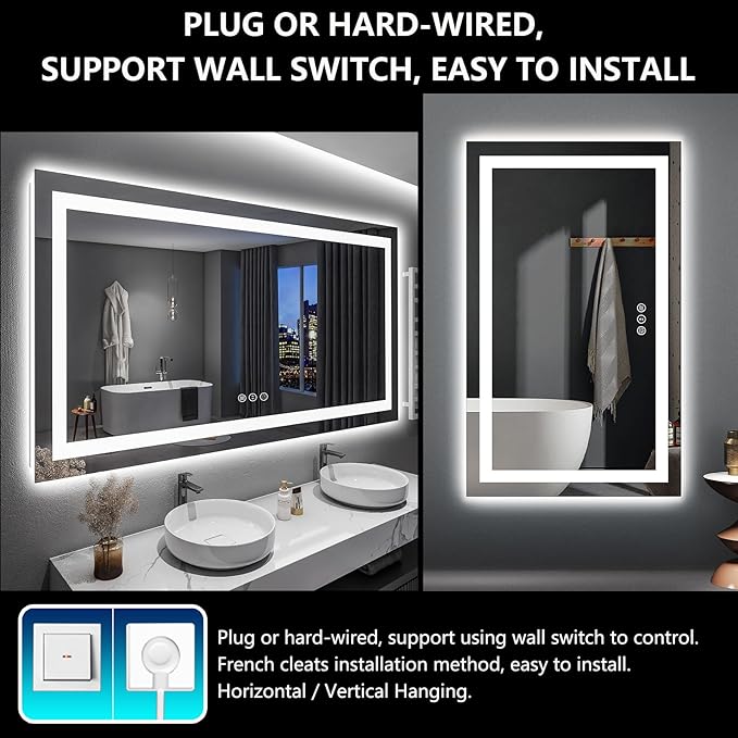 YEELAIT 60x36 Inch LED Bathroom Mirror with Lights Front and Backlit Lighted Vanity Mirror for Bathroom Wall with 3 Colors Dimmable Anti-Fog Memory Shatter-Proof IP54 Waterproof Horizontal/Vertical