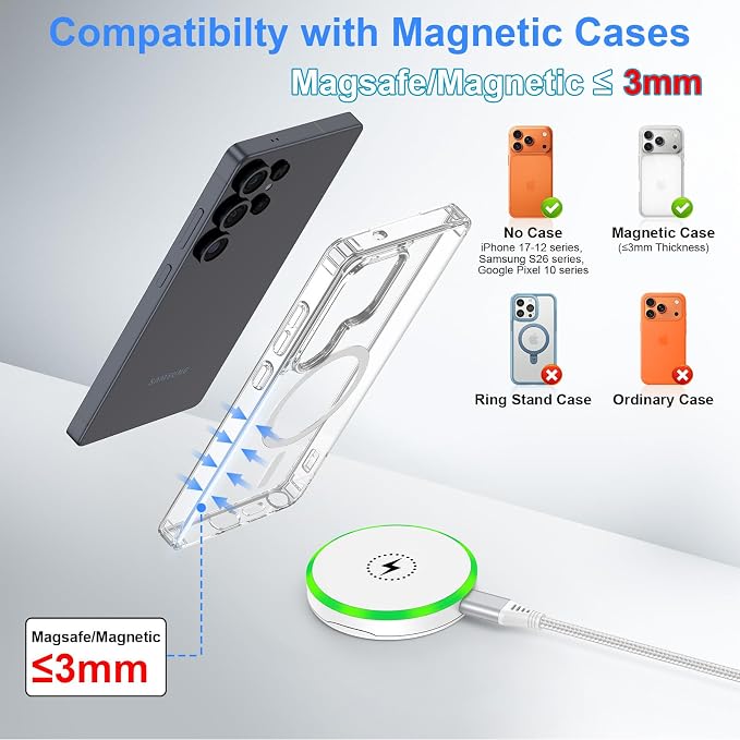 25W Magnetic Wireless Charger for Samsung Fast Charging Pad for Galaxy S26 | Wireless Charger Android with 30W USB C Power Adapter for S25 Plus/S24 FE/S23/S22/S21/Z Flip 7 Magsafe Charger for iPhone
