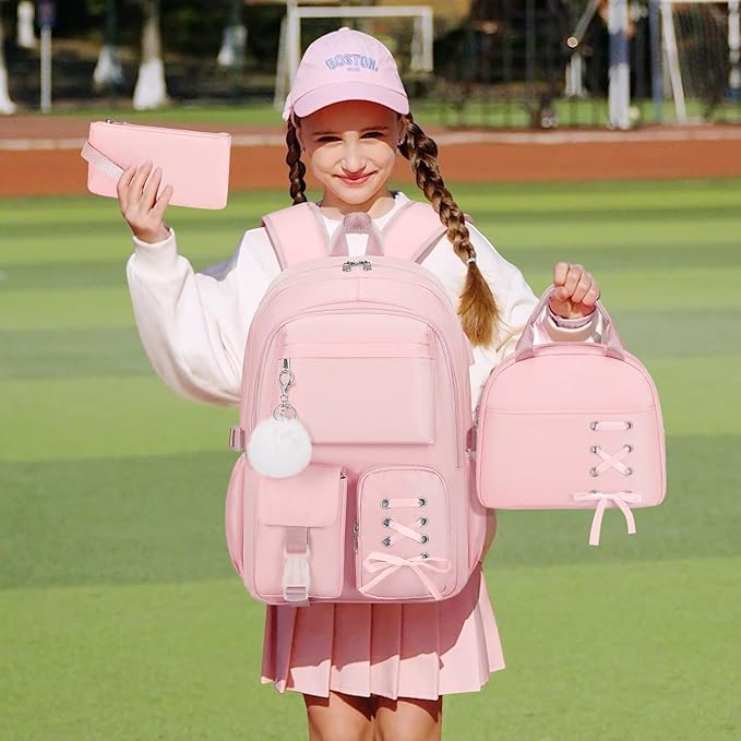 Backpacks for Girls, Girls Backpack with Lunch Box & Pencil Pouch for Teens Girl Kids Elementary Middle High School College Student Bookbag Daypack Laptop Travel Backpack for Women (Pink)