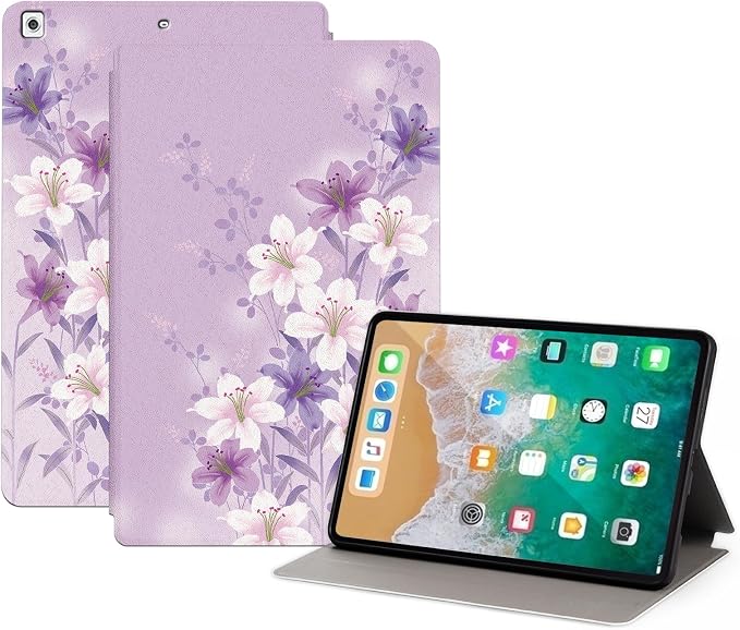 Case for iPad 5th Generation 9.7-Inch (2017) and Case iPad (2018 6th)/iPad Air 2/iPad Air for Girls Women Multi-Angle Viewing Stand Smart Back Protective Cover Auto Wake/Sleep Purple Flower