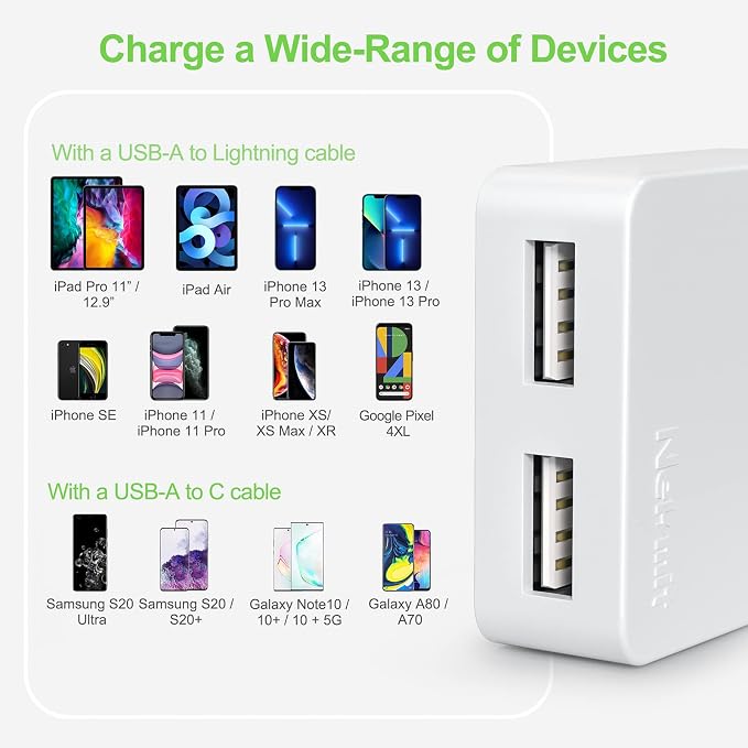 Nekmit Dual Port Ultra Thin Flat USB Wall Charger with Smart IC 2 Pack