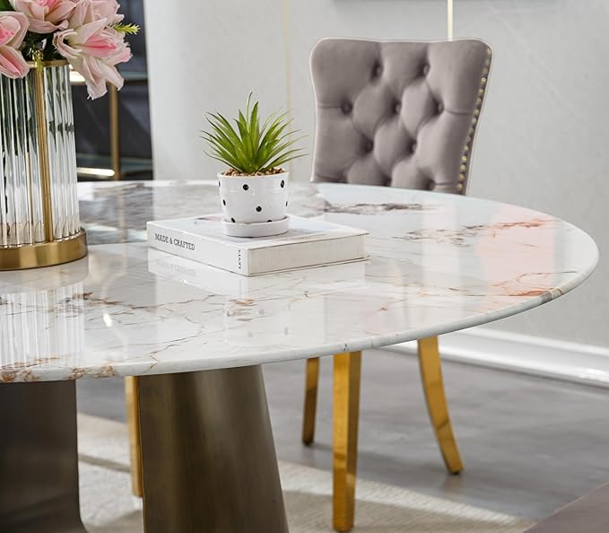 3-Piece Faux Marble Round Dining Table Set for 2, Modern Luxury Kitchen Table Set for 2 with Blue Tufted Chairs,Circle Dining Tables with Pandora Grain Top and Bronze Pedestal Base