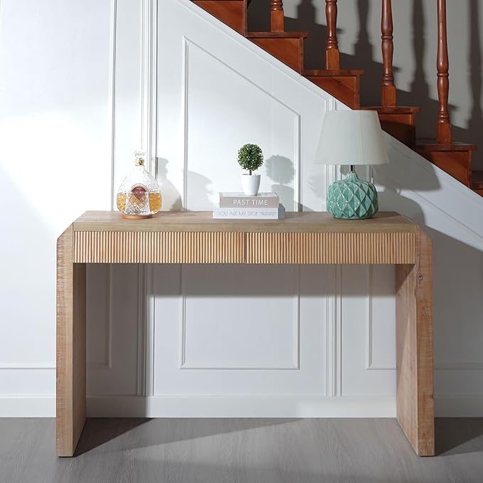 Rustic Wooden Console Table with Drawer, Sofa Table Behind Couch with Ribbed Texture, Retro Entryway Table for Hallway Foyer (51.8 Inch, Natural Wood)