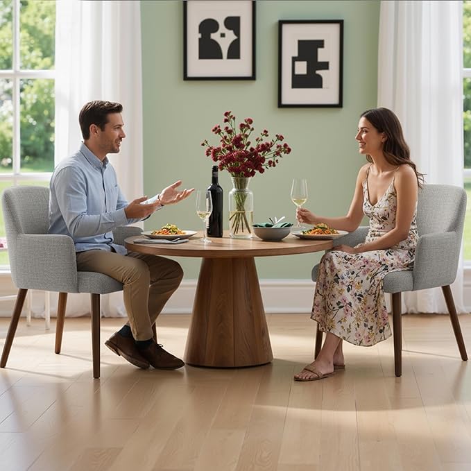Upholstered Dining Chairs Set of 2, Modern Kitchen Chairs with Back and Curved Armrest, Fabric Side Dining Room Chairs with Wood Legs for Kitchen Dining Room Restaurant, Grey