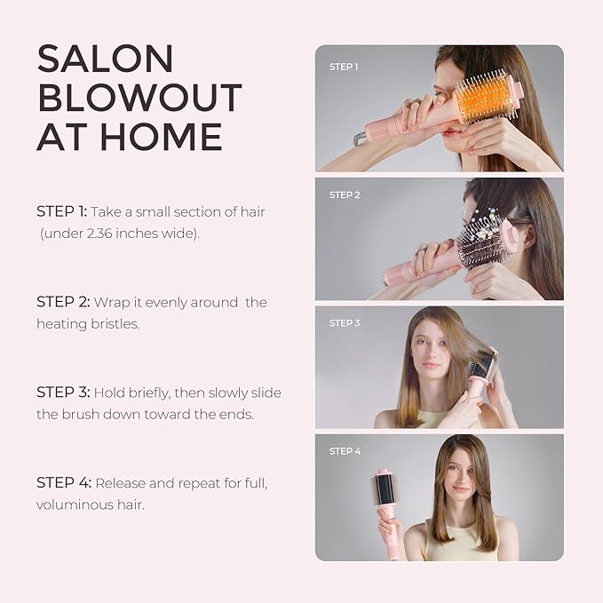 TYMO 4.0 Hair Blow Dryer Brush - Lightweight 3X Faster Drying 5-in-1 Ionic Blowout Hair Dryer Brush Adds Shine, Volume & Fullness for Smooth, Anti-Frizz Straight, Curl & Blowout Styles, Pink
