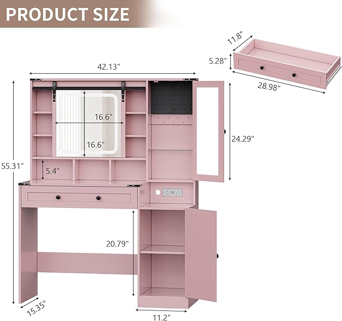 Makeup Vanity Desk with Sliding Mirror and Lights, Farmhouse Vanity Table Set with Power Outlet & RGB Cabinet, Dressing Table with Storage Drawers & Shelves for Kids Girls Women Bedroom, Pink