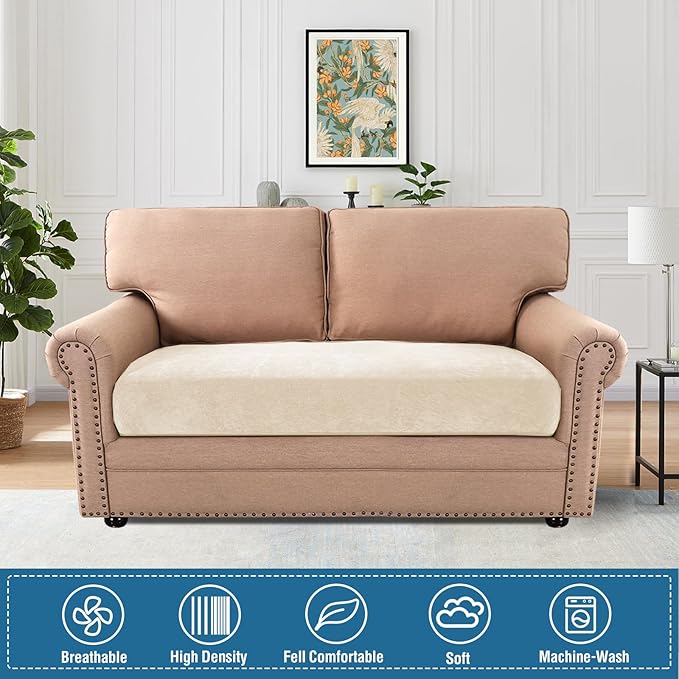 H.VERSAILTEX Stretch Chenille Couch Cover 2 Cushion Sofa Thick Slip Covers for Sofas/Couches 2 Cushions Non-Slip Couch Covers for Sofa Pets with Elastic Bottom(2 Seater Loveseat Cushion Cover,Beige)
