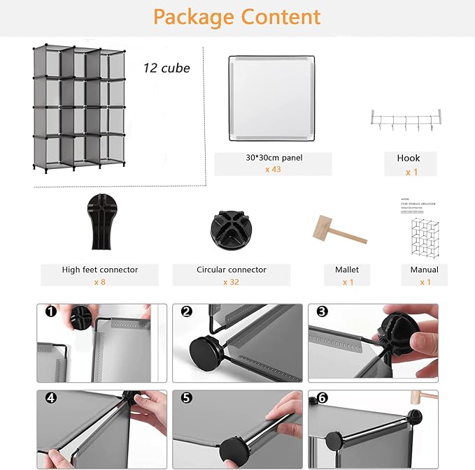AWTATOS Cube Storage Organizer Closet Storage Cubes Shelves Bookshelf Clothes Organizer DIY Plastic 12 Cube Shelves for Home, Bedroom, Grey ULPZ022
