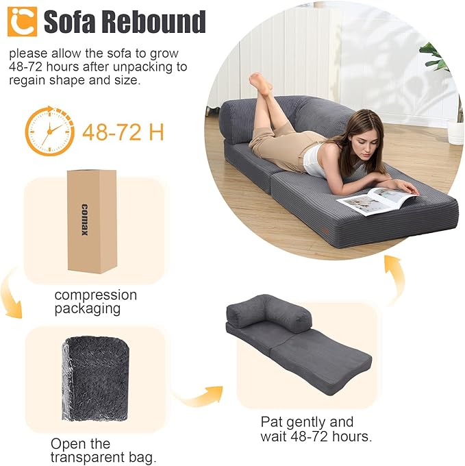 COMAX Folding Sofa Bed, Fold Out Chair Bed, Foldable Sofa, Convertible Sleeper for Adults, Futon Chair Single Small Floor Couch for Spaces, Bedroom Living Room Guest Room, Grey