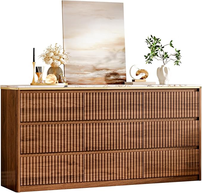 Fluted Dresser for Bedroom with 9 Drawers,62.99" Modern Chest of Drawers with Faux Marble Top, Curved Profile Design,Dresser TV Stand, Wood Drawer Organizer for Living Room, Hallway, Brown