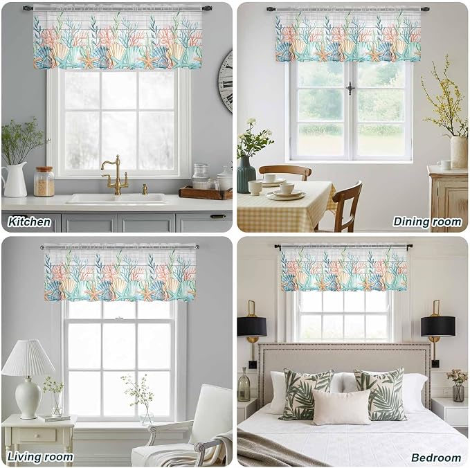 Summer Beach Sheer Valance Curtains, Ocean Colorful Coral Shell Seaweed
