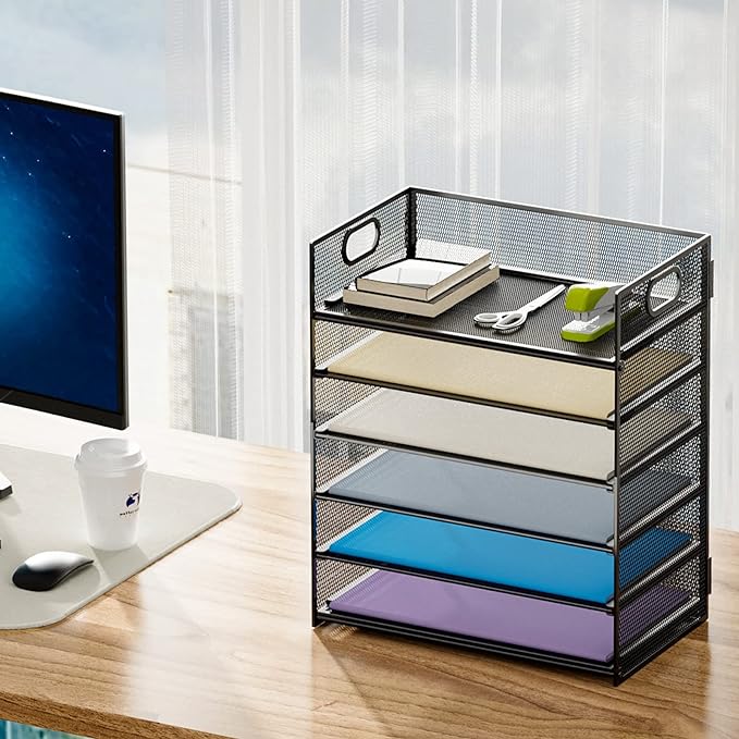 Marbrasse 6 Tier Paper Organizer Letter Tray - Mesh Desk File Organizer with Handle, Paper Sorter Organizer for Letter/A4 Office File Folder Holder - Black