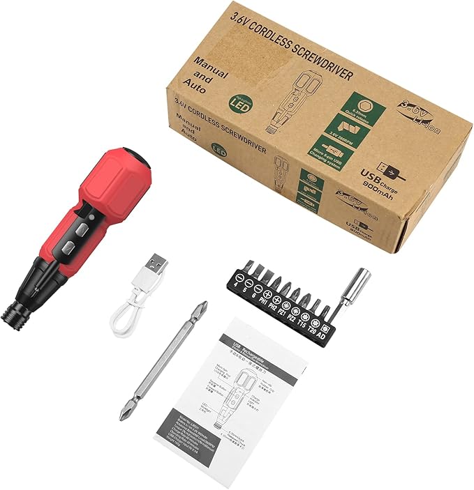 AMIR Cordless Screwdriver, Rechargeable Electric Screwdriver Sets, Portable Automatic Home Repair Tool Kit with USB Cable and LED Lights, Red