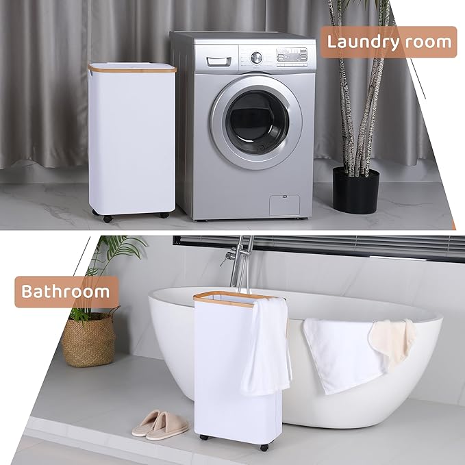 Slim Laundry Basket with Wheels,Narrow Hampers for Laundry,Freestanding Laundry Hamper with Lid&Bamboo Handles,Collapsible & Waterproof Tall Cloth Hamper for Dorm Family(60L White)