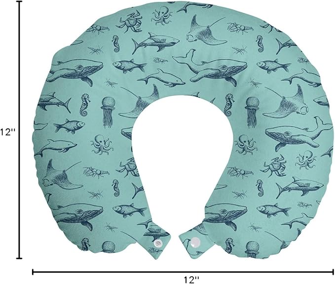 Ambesonne Nautical Travel Pillow Neck Rest, Vintage Marine Style Pattern with Whale Shark Jellyfish Seahorse, Memory Foam Traveling Accessory for Airplane and Car, 12", Sky Blue