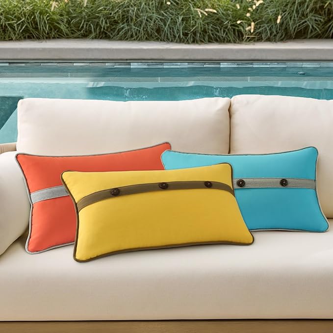 Outdoor Sunbrella Decorative Pillows with Triple Coconut Buttons Pack of 4, 20" x 12" Outdoor Pillow Set for Couch Bed Throw Patio Sofa, Spectrum Daffodil/Canvas Cocoa