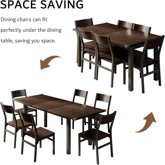 iPormis 7 Pieces Dining Table & Chairs Set for 4-6, 63" Extendable Kitchen Table and 6 Chairs, Dining Room Table with MDF Board & Metal Frame, Perfect for Small Space, Easy Clean, Espresso