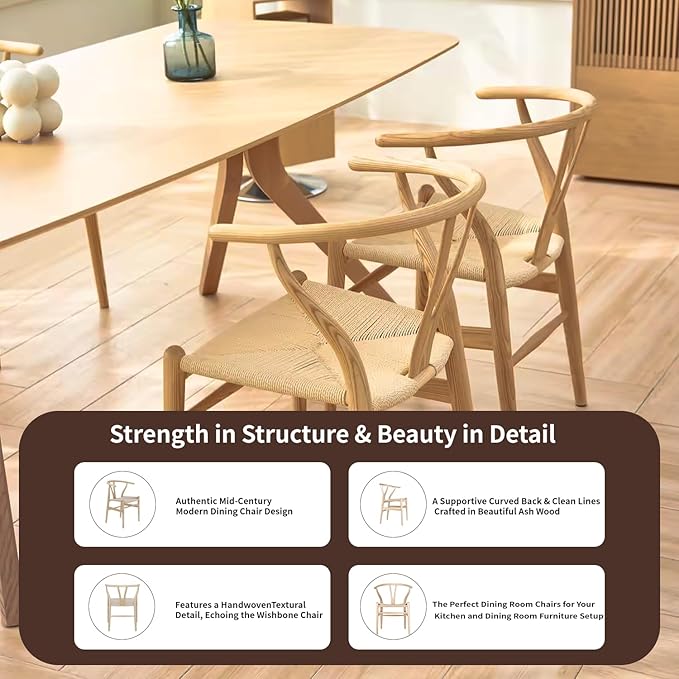 Tomile Solid Wood Wishbone Chair Y Chair Mid-Century Armrest Dining Chair, Hemp Seat (Ash Wood - Natural Wood Color)