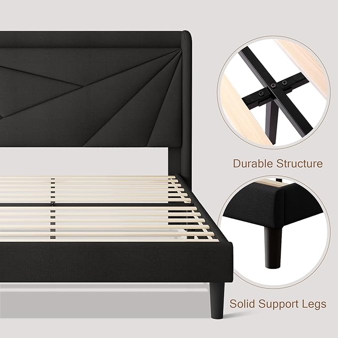 Full Size Upholstered Bed Frame with Charging Station, Platform Bed Frame with Storage Headboard, Solid Wood Slats Support, No Box Spring Needed, Black