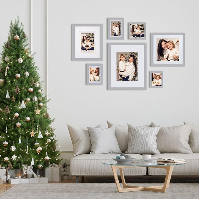 Egofine 5x7 Picture Frame Made of Solid Wood, Display Pictures 3.5x5/4x6 with Mat or 5x7 Without Mat Covered by Plexiglass for Table Top Display and Wall Mounting Photo Frame, Light Gray