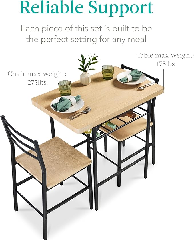Best Choice Products 3-Piece Modern Dining Set, Space Saving Dinette for Kitchen, Dining Room, Small Space w/Steel Frame, Built-in Storage Rack - Natural/Black