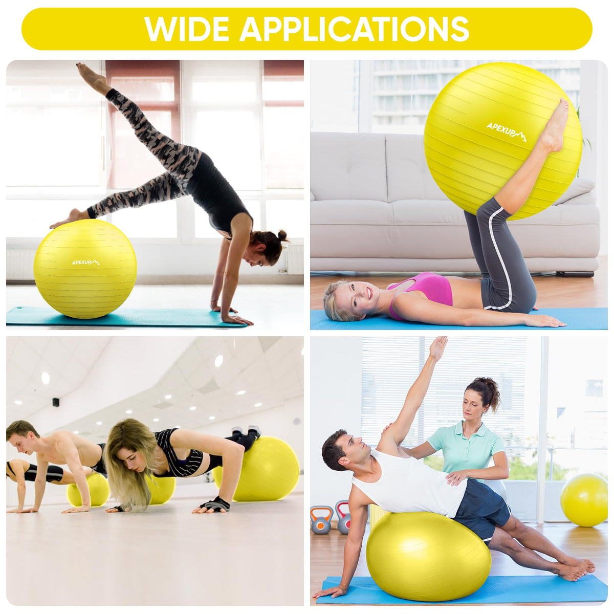 APEXUP Yoga Ball, 660 lbs Anti-Burst Exercise Ball with Pump, 5 Sizes