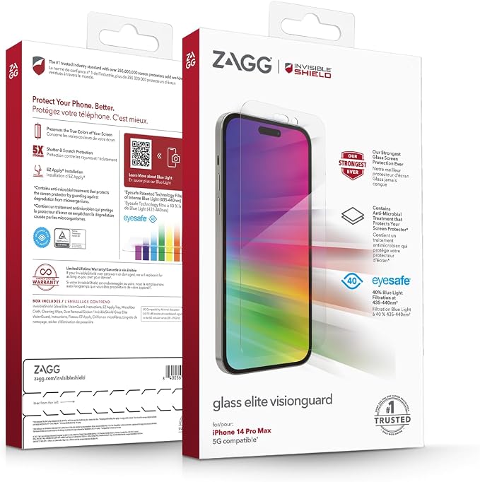 ZAGG InvisibleShield Glass Elite VisionGuard Screen Protector for iPhone 14 Pro Max Shockproof Scratch Resistant Blue-Light Anti-Microbial (Clear)
