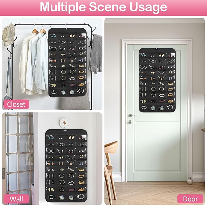 1 Pack Hanging Jewelry Organizer, 80 Clear Pockets earring organizer and storage, Accessories holder organizer for Closet, Jewelries, Necklace, Travel