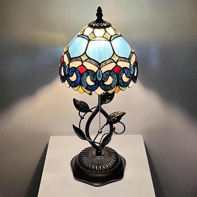 Small Tiffany Lamp Sea Blue Jewelry Baroque Style Stained Glass Table Lamps Desk Bedside Reading Light 8X8X18 Inches with Bronze Metal Leaf Resin Base