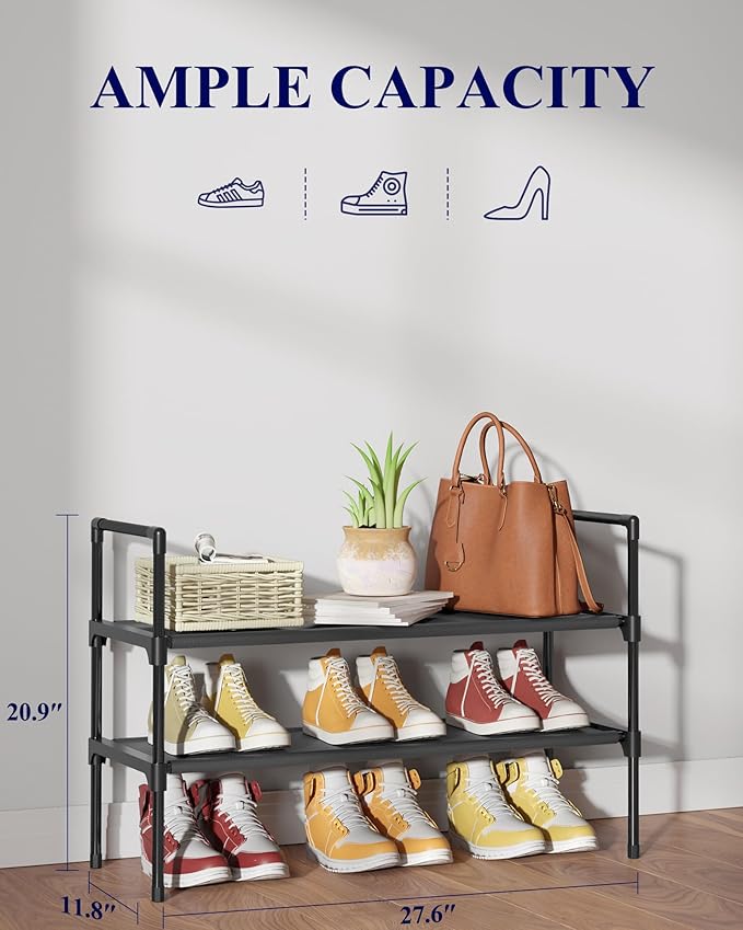 Kitsure Shoe Rack - 2-Tier Shoe Organizer, Shoe Rack for Closet, Entryway, Bedroom, Easy- Assembly Storage Shelf with Side Handles, 27.6" Wide - 2 Tiers, Black